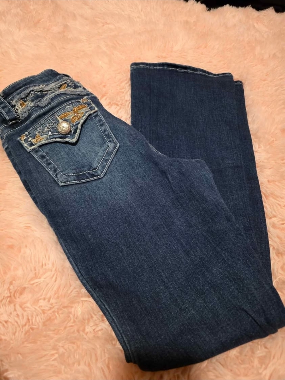 Dark Blue Women's Embroidered Pocket Flared Jeans